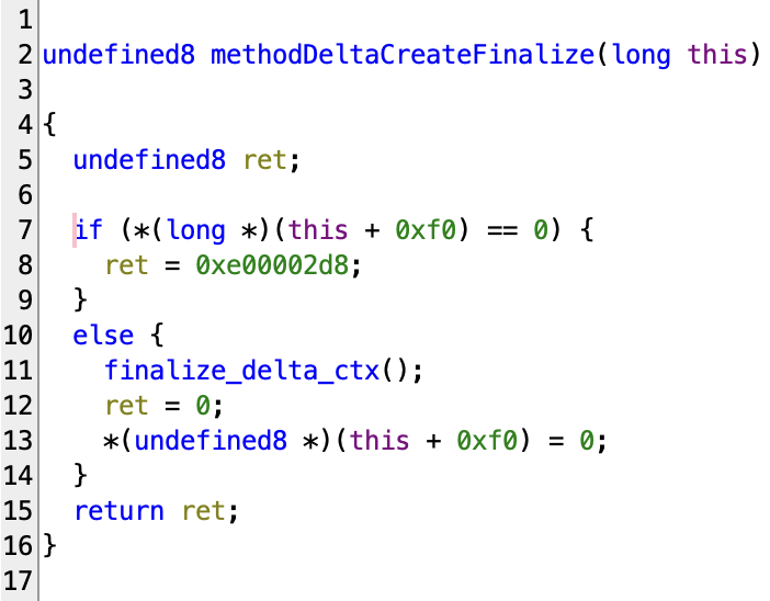 Selector 49 decompiled in Ghidra: it tests the context pointer at this+0xf0, runs the teardown, and only then writes NULL back to the field