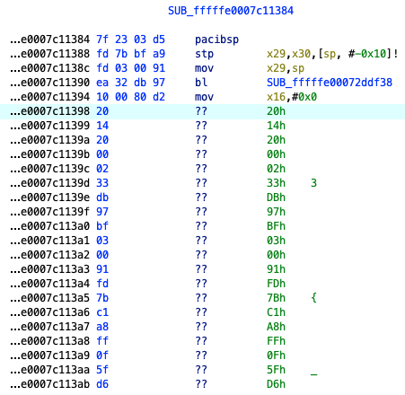 Ghidra disassembling the same gate: pacibsp, the frame setup, the bl and the x16 load decode normally, then the bytes 20 14 20 00 are marked as undefined and every byte after them stays undefined to the end of the function