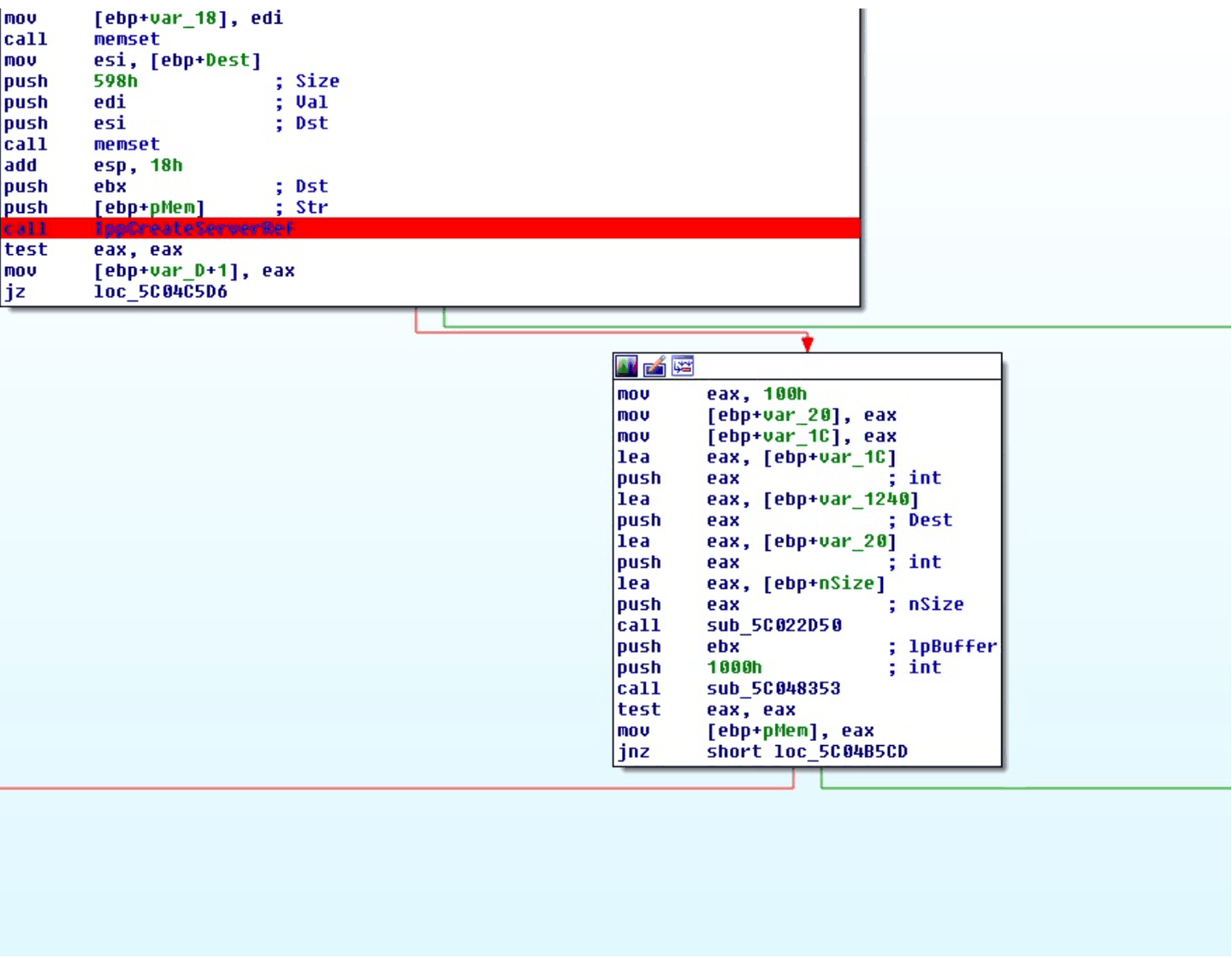 First conditional jump in sub_5C04B514, branching on IppCreateServerRef