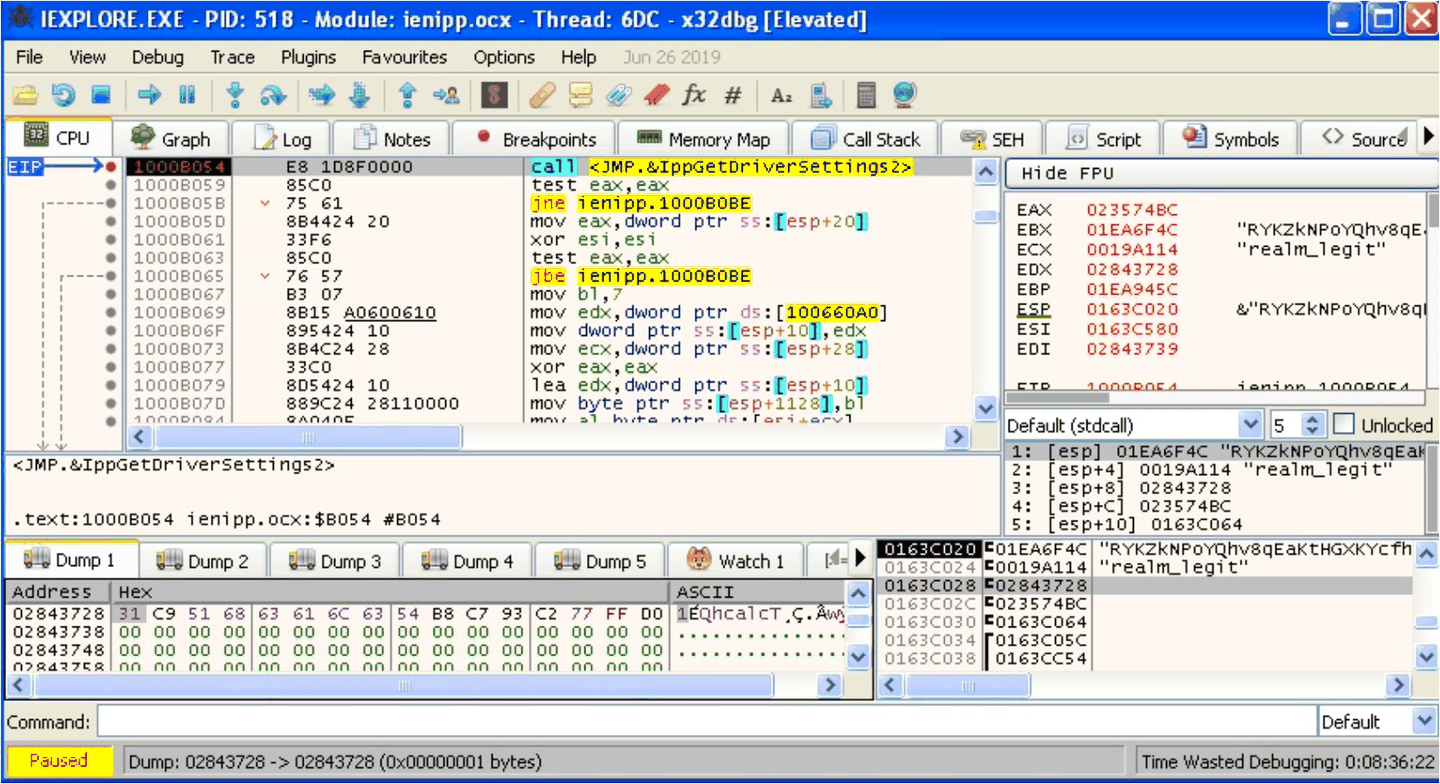 Stack frame at IppGetDriverSettings2: userName address visible