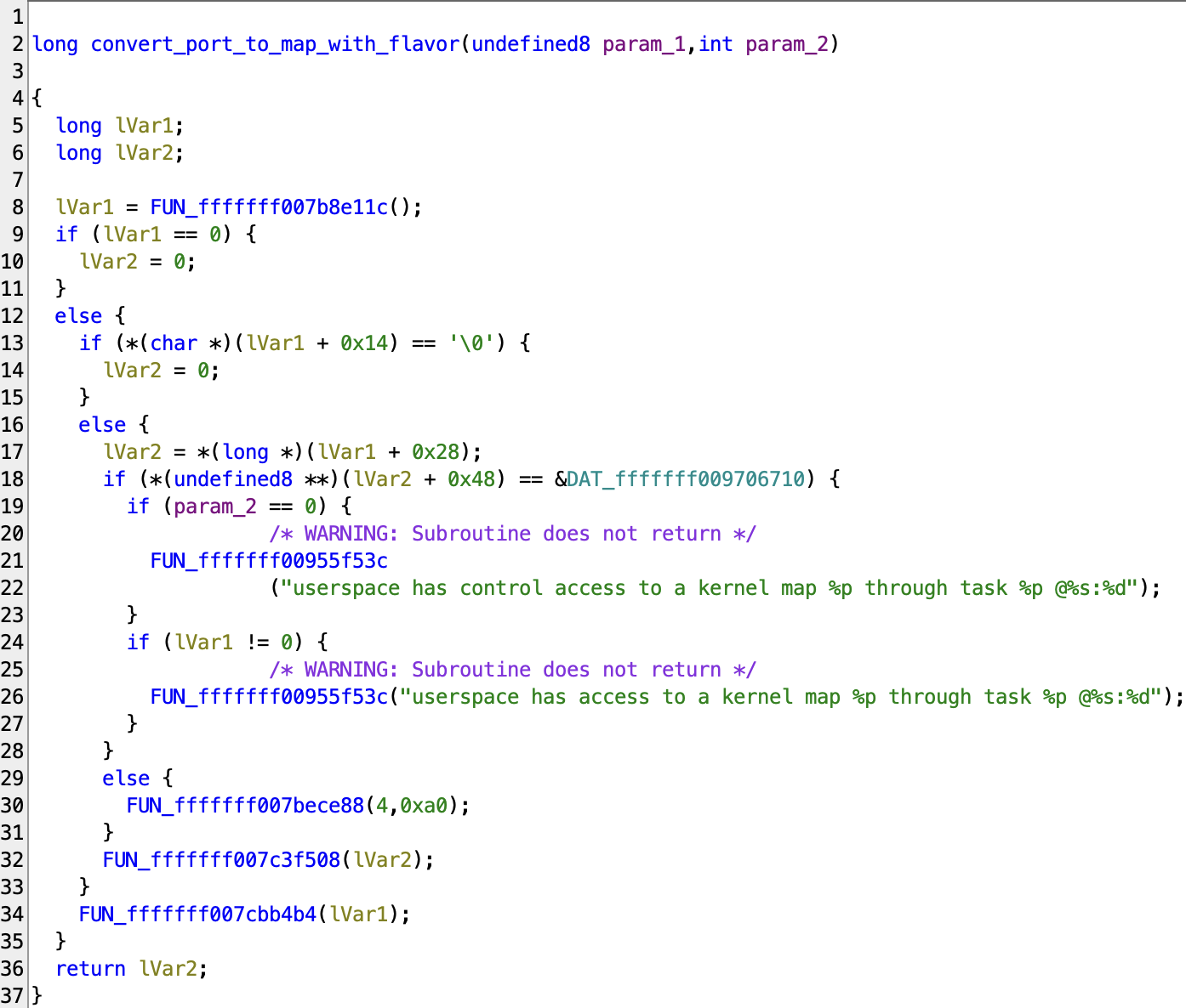 convert_port_to_map_with_flavor decompiled in Ghidra: it reads the port, checks a type byte, dereferences the kernel object, and warns when that object is the kernel map